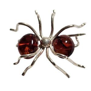 Vintage Silver Ant Brooch Pin with Amber Glass Body approx. 1 inch long